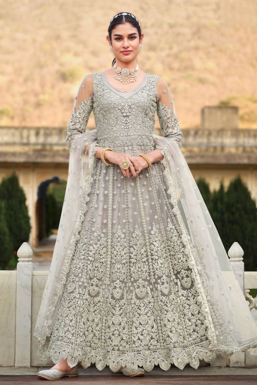 Grey Sequins Embroidered Net Floor Length Anarkali Suit