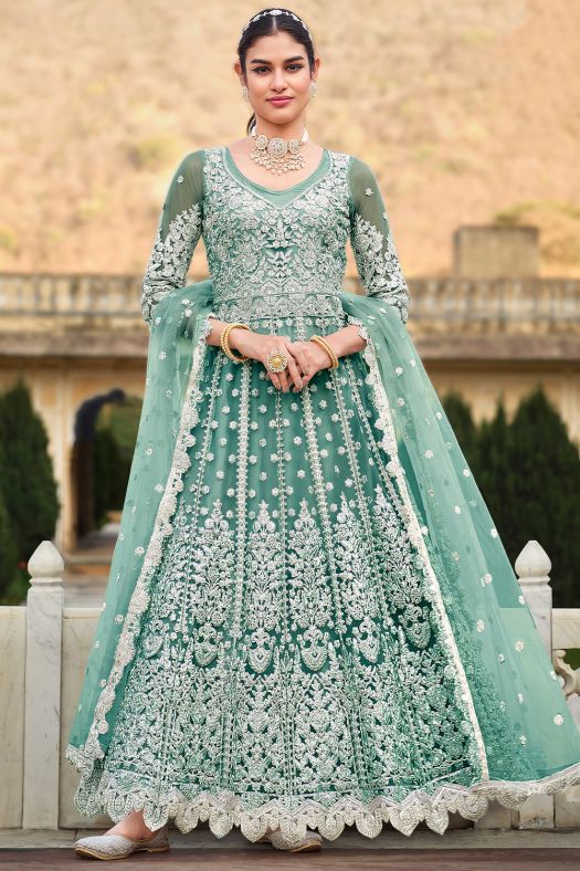 Light Cyan Sequins Embroidered Net Floor Length Anarkali Suit