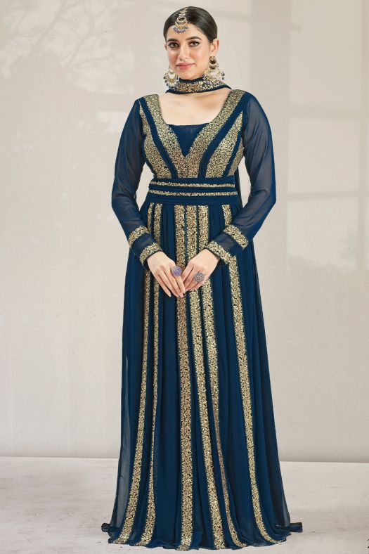 Navy Blue Sequins Embroidered Georgette Anarkali Suit