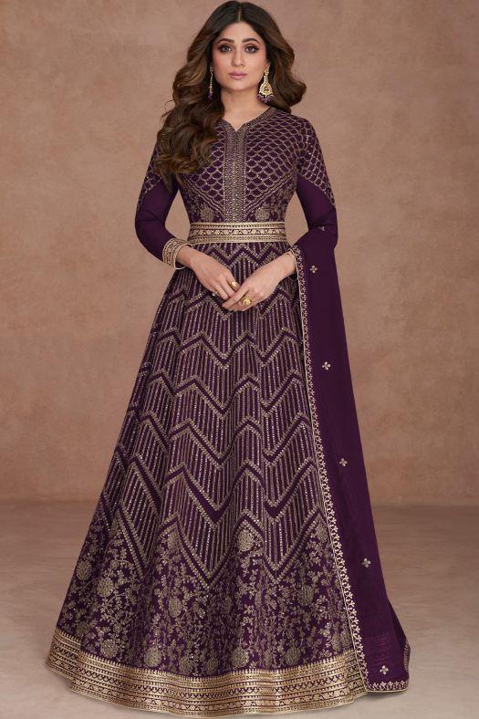 Dark Purple Georgette Embroidered Anarkali Suit