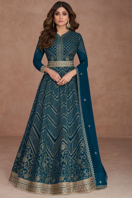 Peacock Blue Georgette Embroidered Anarkali Suit