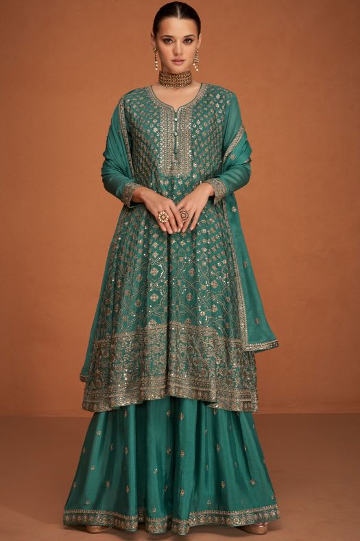 Teal Green Chinnon Sharara Suit