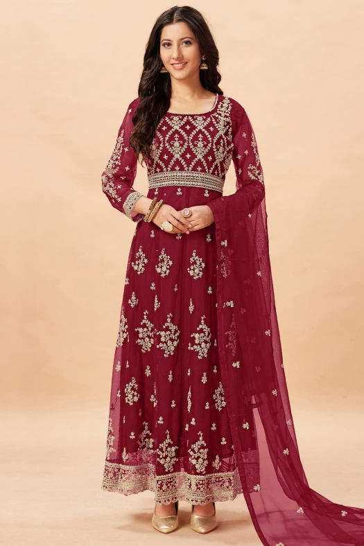 Maroon Net Embroidered Anarkali Suit 
