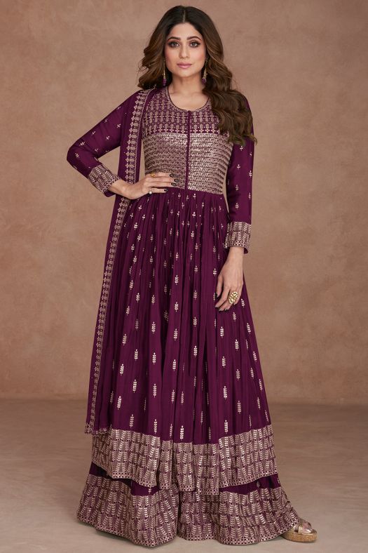 Purple Embroidered Georgette Anarkali Style Palazzo Suit