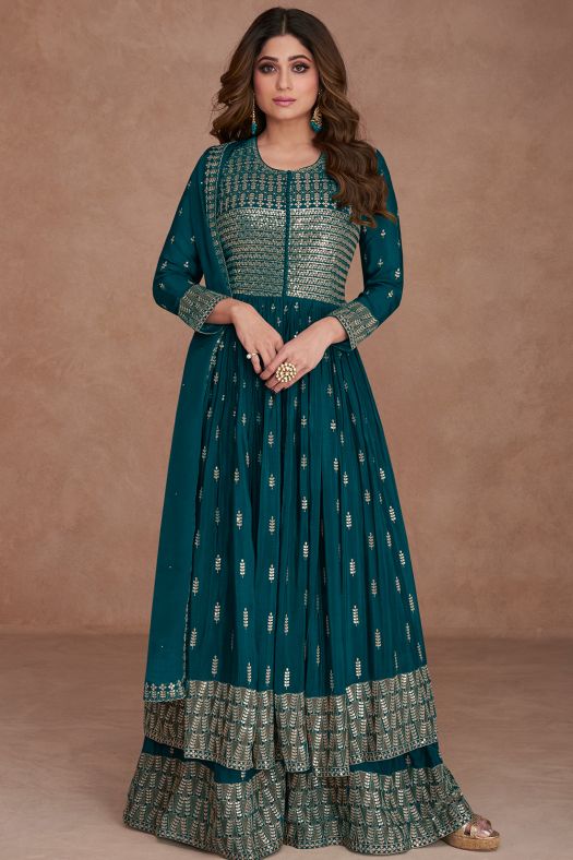 Teal Blue Embroidered Georgette Anarkali Style Palazzo Suit