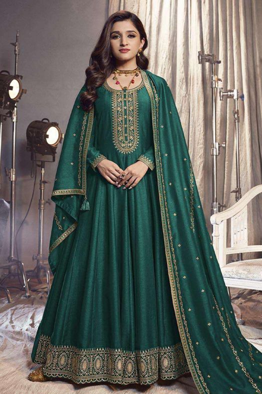 Teal Green Embroidered Georgette Silk Full Sleeve Anarkali Suit 