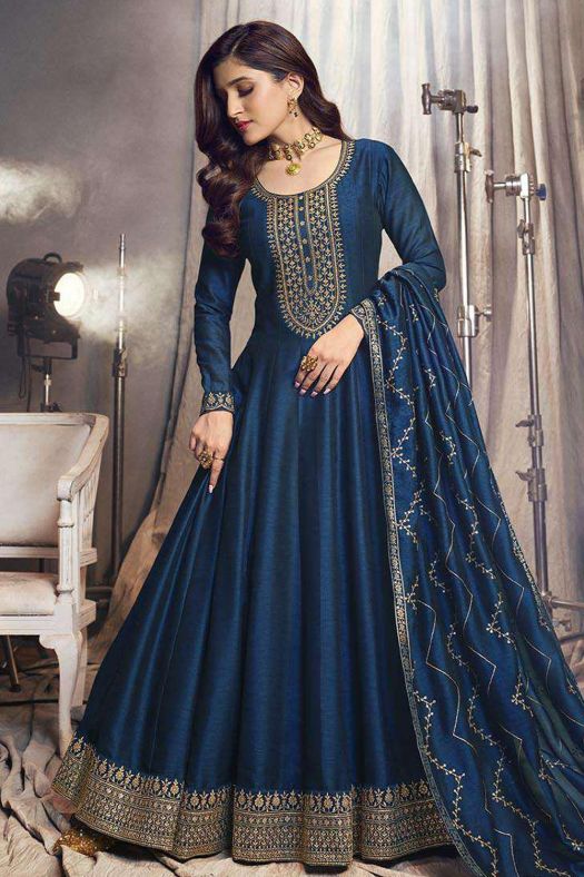 Blue Embroidered Full Sleeve Georgette Silk Anarkali Suit 