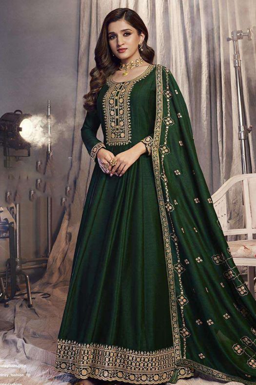 Dark Green Embroidered Full Sleeve Georgette Silk Anarkali Suit 