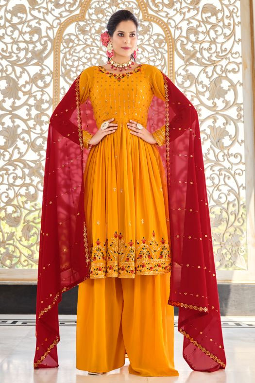 Mustard Yellow Sharara Style Georgette Salwar Suit