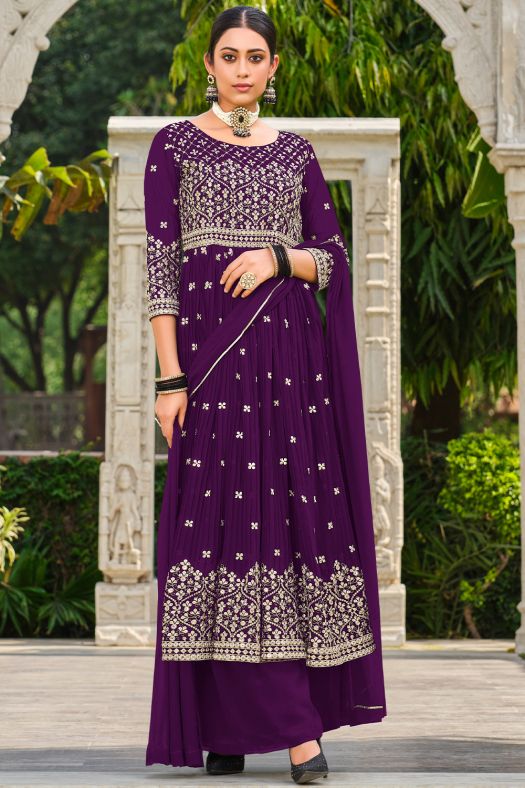 Purple Zari Embroiered Fox Georgette Palazzo Suit