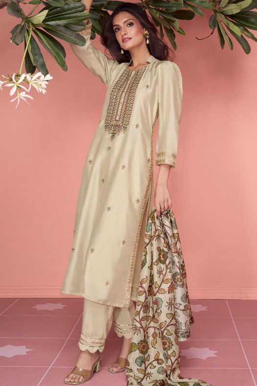 Beige Silk Party Wear Salwar Kameez