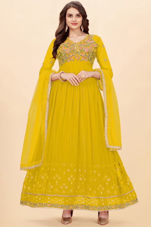 Yellow Georgette Sequins Embroidered Anarkali Suit