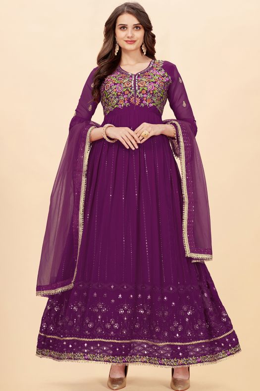 Purple Georgette Sequins Embroidered Anarkali Suit