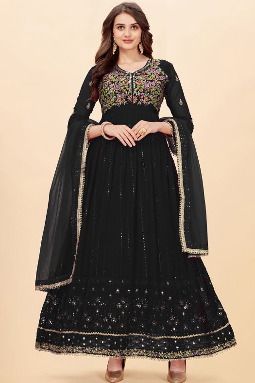 Black Georgette Sequins Embroidered Anarkali Suit