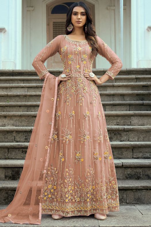 Peach Embroidered Anarkali Suit in Net