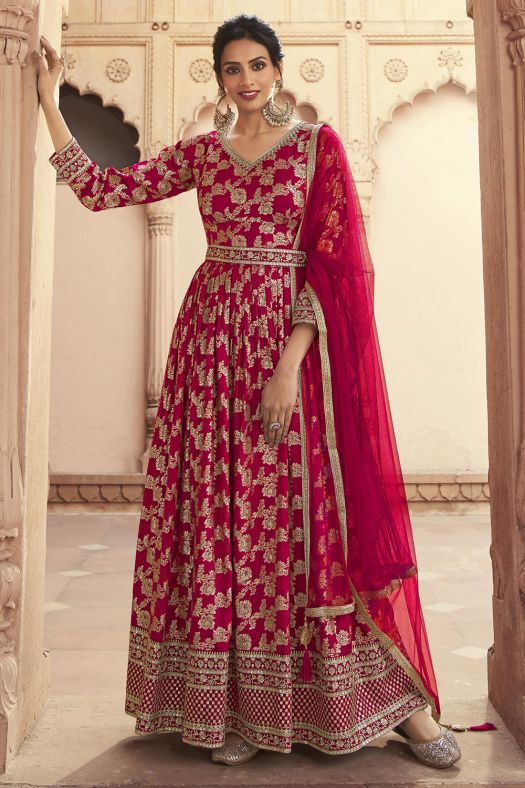 Vivid Burgundy Jacquard Anarkali Suit