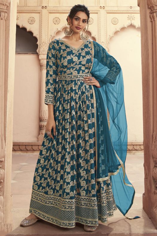 Sky Blue Jacquard Anarkali Suit
