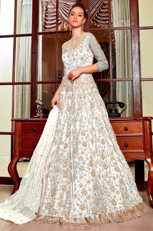 White Embroidered Long Net Anarkali Gown