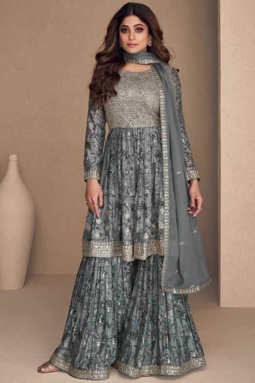 Grey Chinnon Silk Sharara Suit