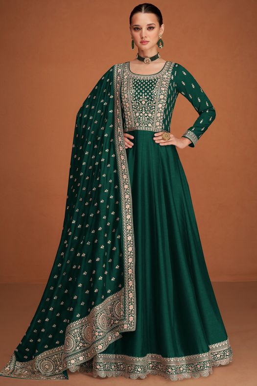 Dark Green Silk Embroidered Anarkali Suit