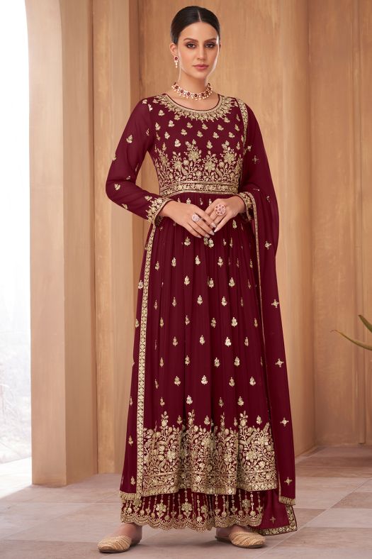 Maroon Georgette Embroidered Palazzo Suit