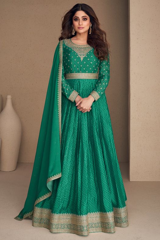 Green Floor Length Chinnon Silk Anarkali Suit