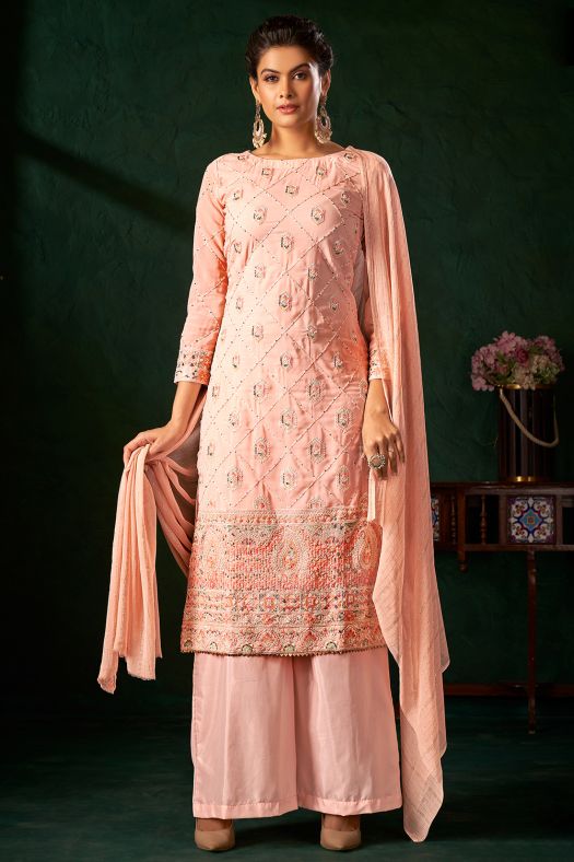 Peach Georgette Embroidered Palazzo Suit