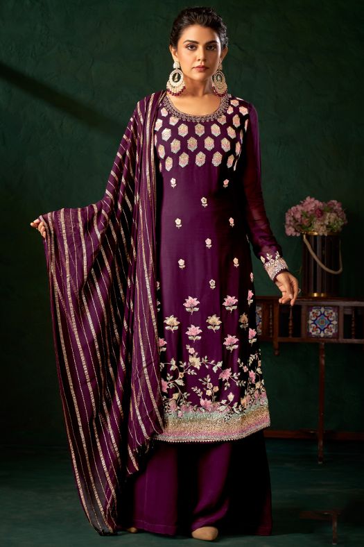 Plum Purple Georgette Embroidered Palazzo Suit