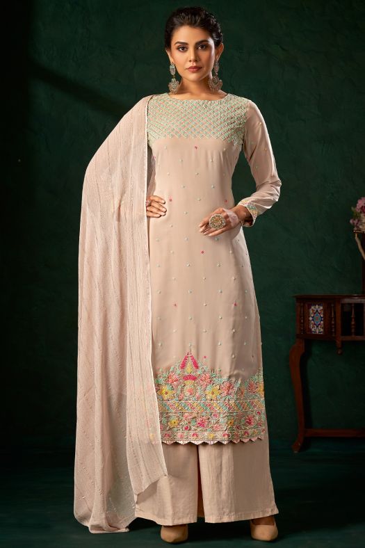 Dusty Peach Georgette Embroidered Palazzo Suit