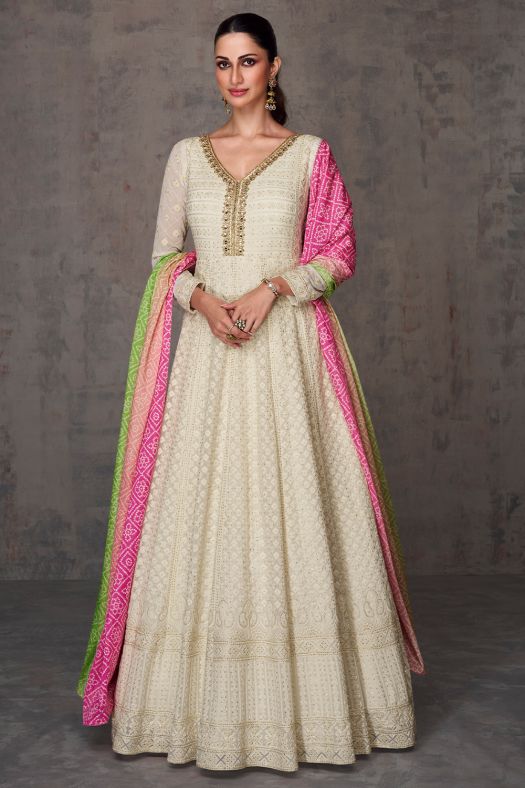 Off White Georgette Embroidered Anarkali Suit