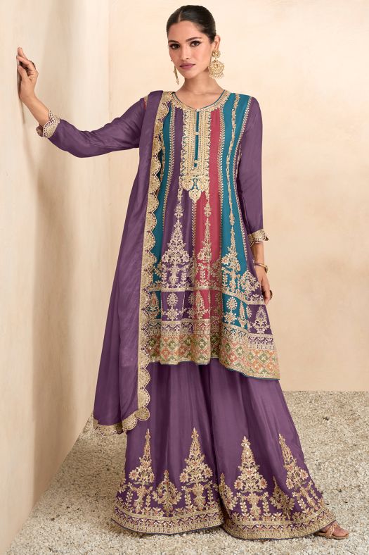 Multi Color Light Purple Chinon Embroidered Suit