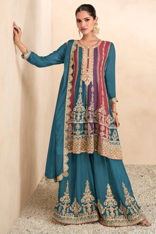 Multi Color Blue Chinon Embroidered Suit