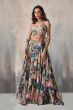 Blue Chinon Printed Lehenga Set