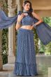 Dusty Blue Printed Georgette Lehenga Set With Shoulder Dupatta