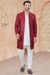 Maroon Art Silk Woven Sherwani
