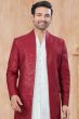 Maroon Art Silk Woven Sherwani