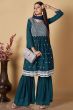 Teal Green Embroidered Georgette Gharara Suit