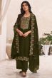 Dark Olive Green Embroidered Suit Silk Set