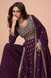 Wine Purple Embroidery High Slit Silk Palazzo Suit