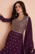 Wine Purple Embroidery High Slit Silk Palazzo Suit