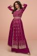 Red Embroidery High Slit Silk Palazzo Suit