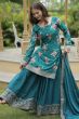 Teal Blue Chinnon Kurti Palazzo Set with Embroidered Dupatta