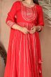 Red Rayon Embroidered Anarkali Suit 