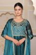 Teal Blue Embroidered Art Silk Suit Set