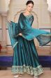 Teal Blue Embroidered Art Silk Suit Set