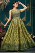 Dark Green Multicolor Chinnon Silk Printed A line Gown