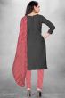 Dark Grey Cotton Printed Churidar Suit