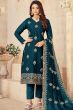 Teal Blue Embroidered Silk Trouser Suit