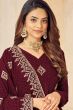 Dark Maroon Embroidered Silk Trouser Suit