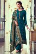 Peacock Blue Embroidered Straight Cut Jacquard Trouser Suit